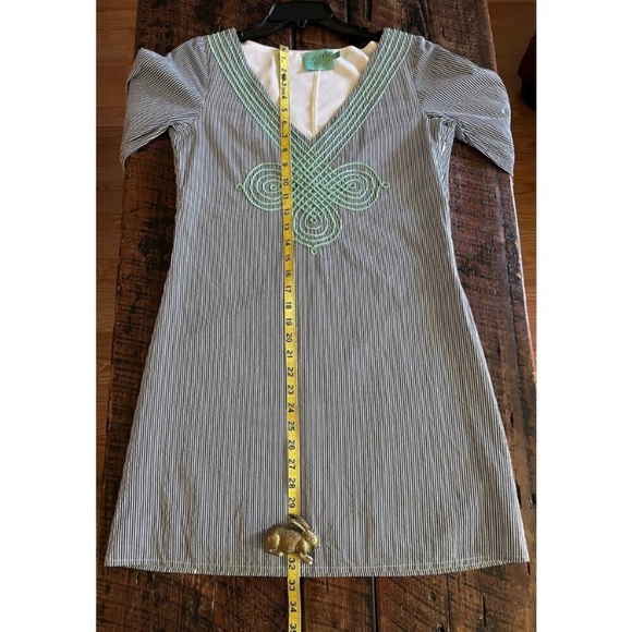 Judith March Blue and White Pinstriped Dress Mint Green Embroidery Size Small - Picture 9 of 11